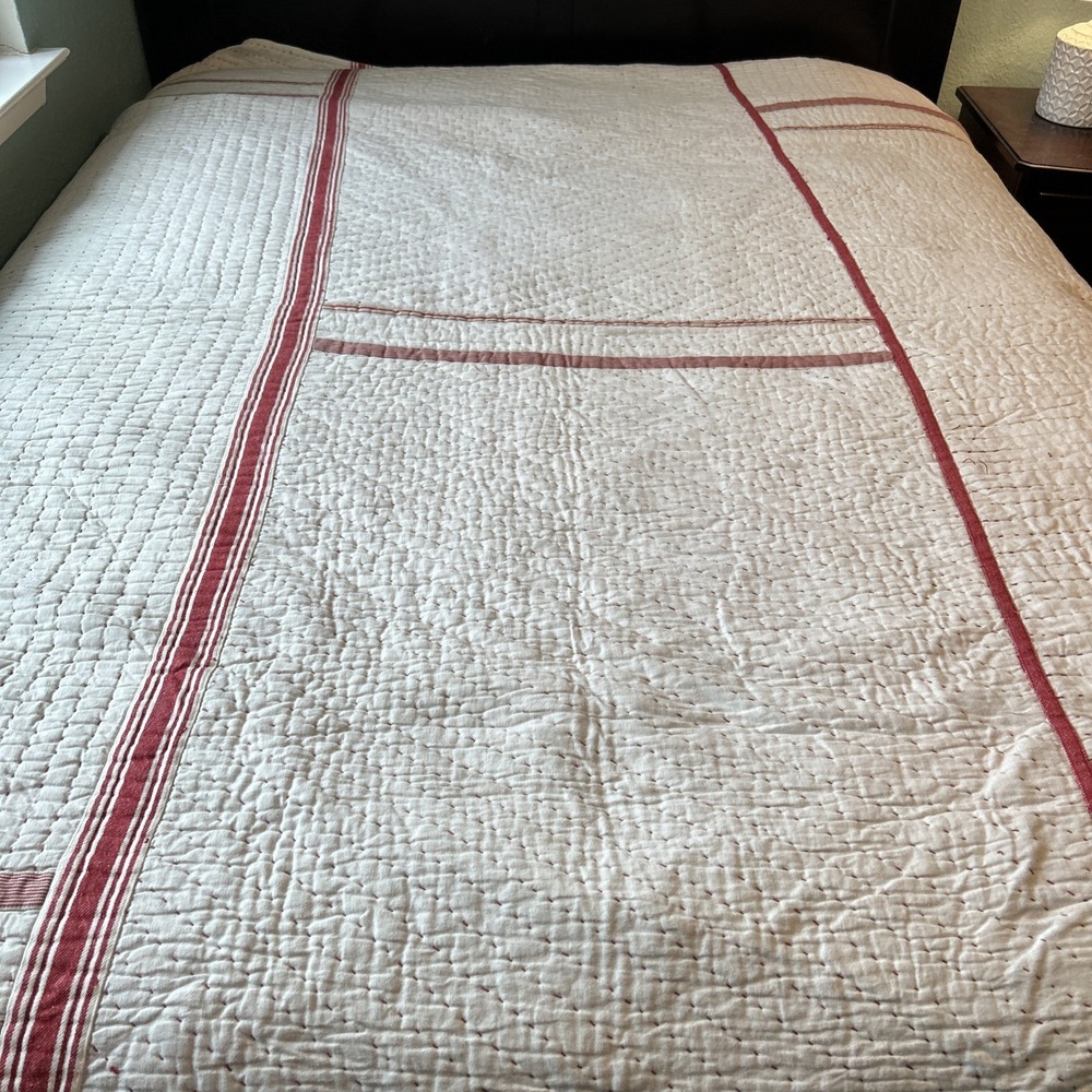 Pottery Barn King Quilt "Nellie" Pick Stitch Red & Cream Reversible Striped